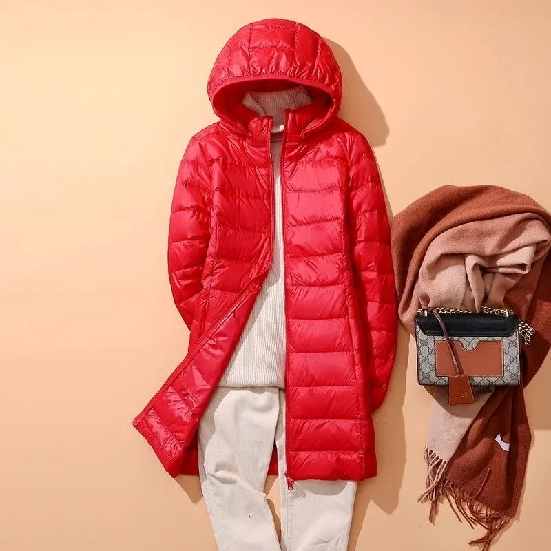 Ultra Light Weight Down Jacket Women 2024 New X-long Detachable Cap Hooded Korean Fashion Slim Fit Autumn Winter Big Size Coat