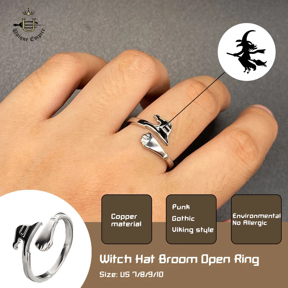 

Dark Fairy Tale Ring Witch Hat with Pumpkin & Broom Design Magical Halloween Statement Jewelry Gift
