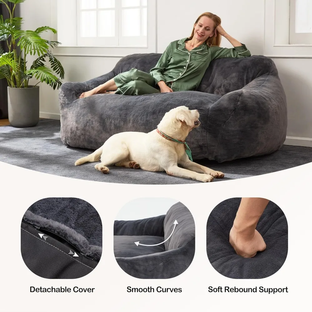 Oversized beanbag chair, Giant beanbag sofa, Underfloor sofa, Soft faux fur, Bedroom, Living Room, Apartment (grey blue)