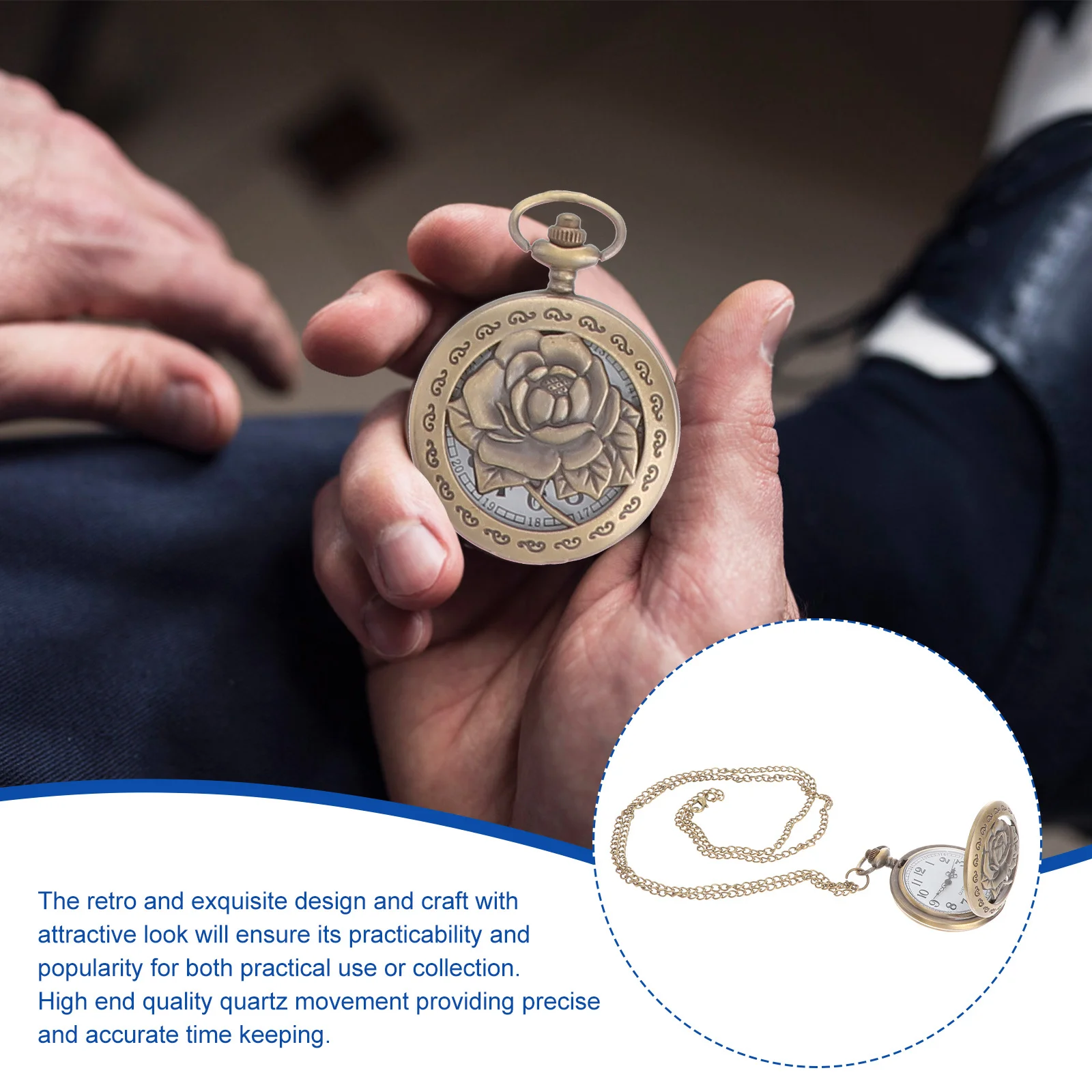 

1Pcs Retro Rose Flower Pattern Hanging Pocket Watch Mini Titanium Quartz Movement Necklace Pendant Chain Accessory