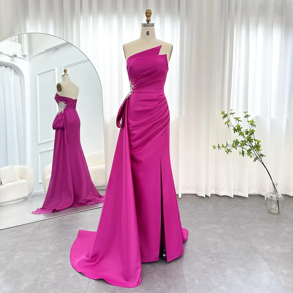 Sharon Said Long Fuchsia Mermaid Evening Dresses 2024 Overskirt Side Slit Arabic Wedding Formal Party Gowns SS402 Customized