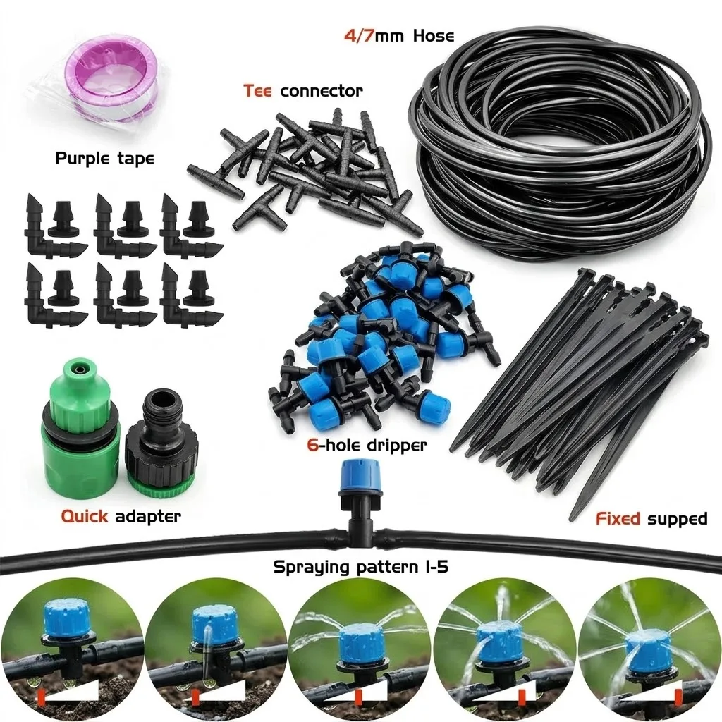 Complete 10-30M Garden Drip Irrigation Kit 1/4 Inch Automatic Watering Nozzles Farmland Bonsai Plant Flower Vegetable Greenhouse