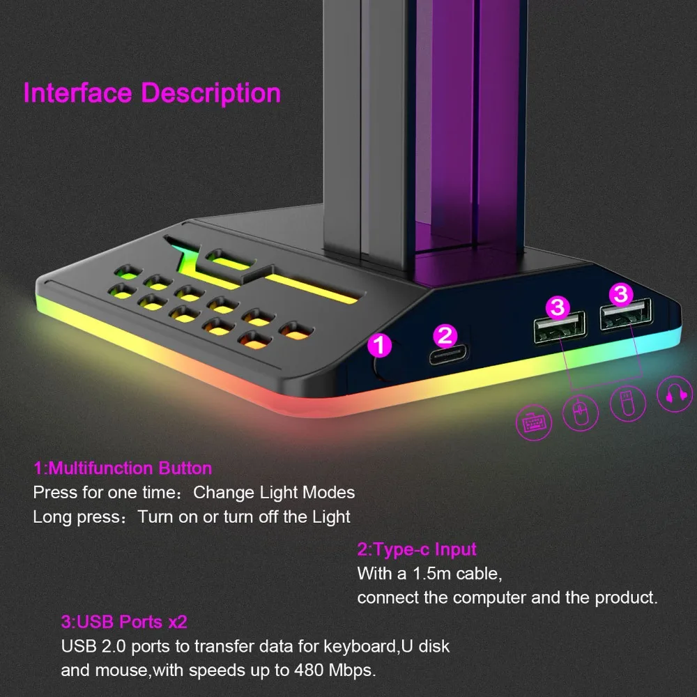 2 USB 2.0 Ports Universal Desktop RGB Headphone Stand Multi Light Mode Adjustable Gaming Headset Holder LED Headphone Holder view 2