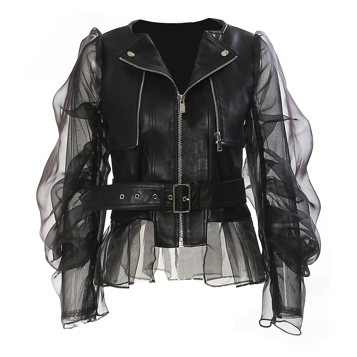 Fashion Mesh Sleeve Patchwork Leather Jacket Spring New Slim Fit Belt Zipper Short PU Coat Chic Women's Jacket Top