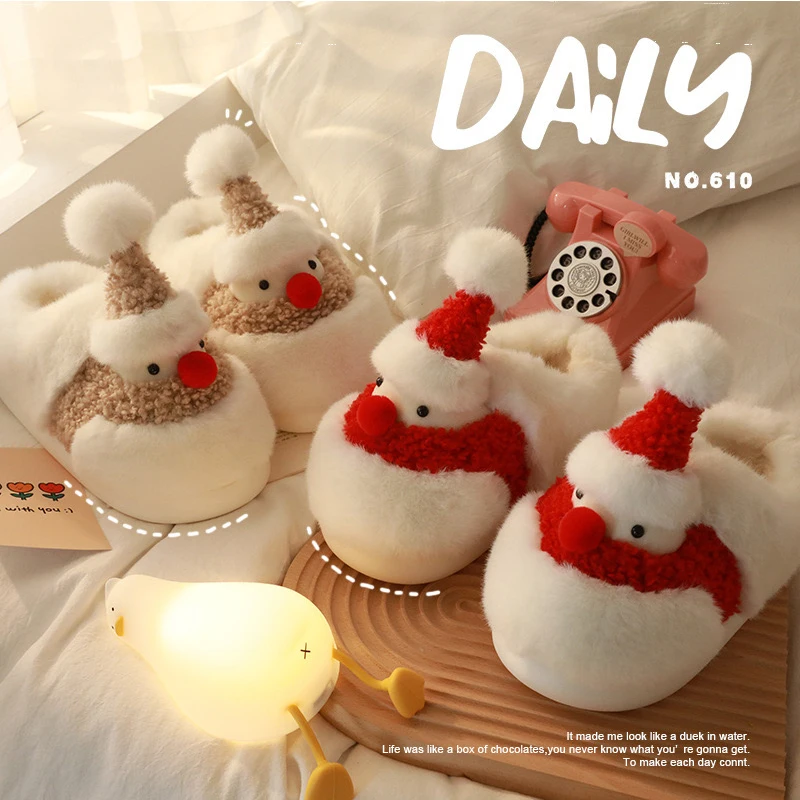 Furry Santa Claus household slippers with heel wrapped,non slip thick sole cute Christmas warm shoes for men and women,winter