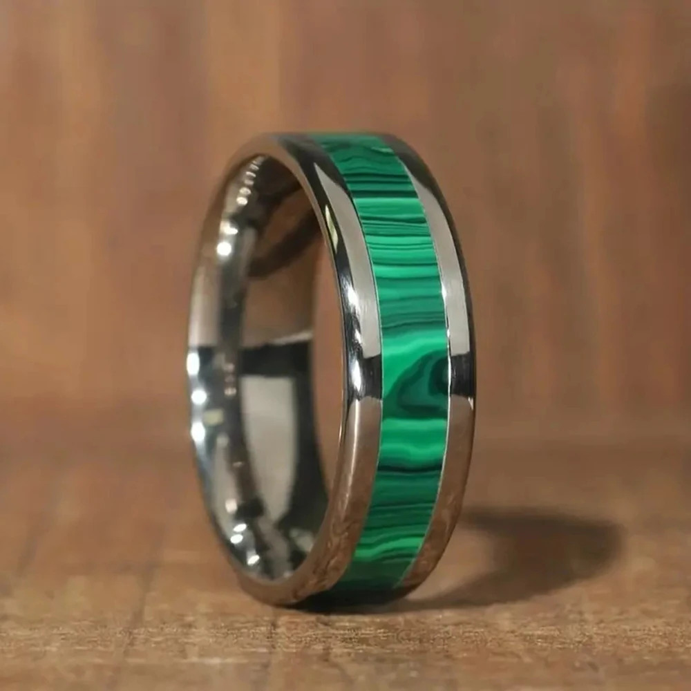 

New 8MM Green Stainless Steel Wood Inlay Protein Abalone Shell Steel Ring Women Wedding Party Jewelry Anniversary For Gift