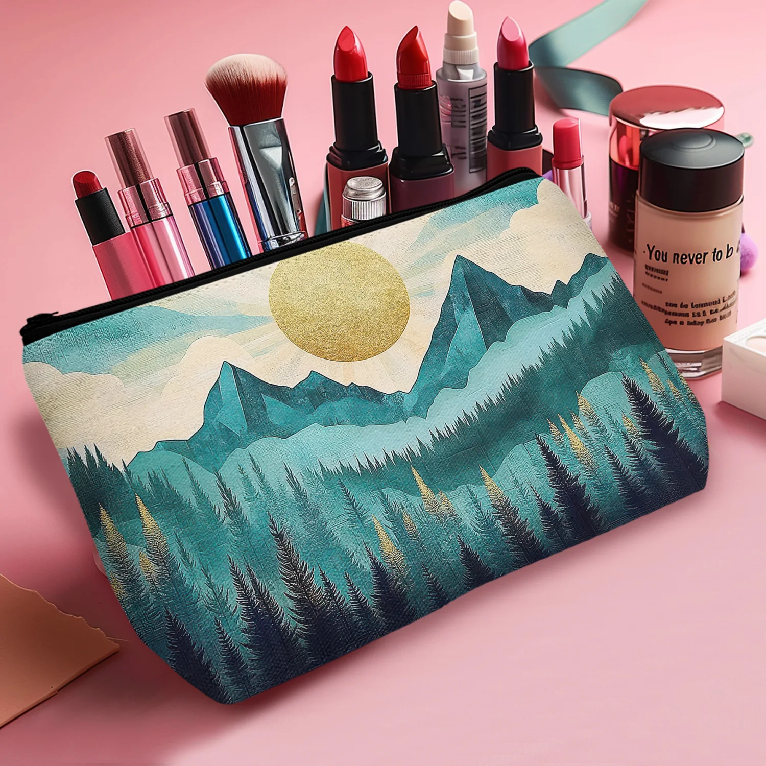 1Pc Minimalist Style Makeup Bag Mountain Sunshine Blue Funny Birthday Gifts For Women Best Friend Coworker 8.66X5.51Inch