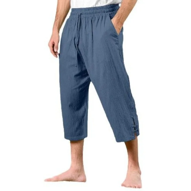 Men's Pants Casual Summer Waist Drawstring Multi-pocket Linen Cropped Pants Beach Pants