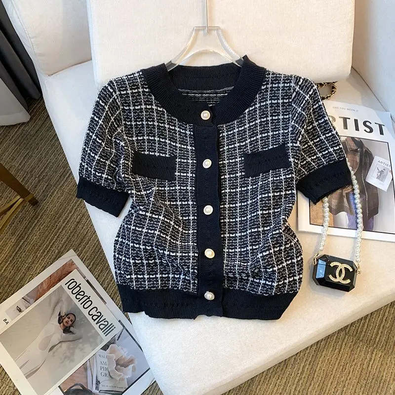 

Summer Office Lady Simplicity Patchwork Knitting O-neck Short Sleeve T-Shirts Women Clothes All-match Houndstooth Buttons Tops