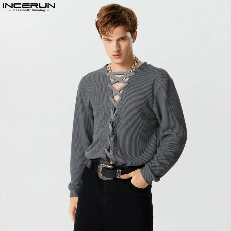 

INCERUN Tops 2023 American Style New Men Cross Tie Design Pullover Casual Fashion Solid All-match Comfortable Knit Sweater S-5XL