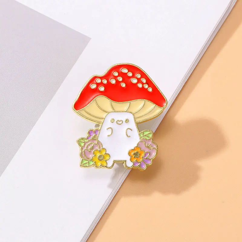 Floral Cartoon Mushroom Enamel Lapel Pin Red Spotted Toadstool Metal Badge Coat Backpack Fashion Ornament Botanical DecorJewelry