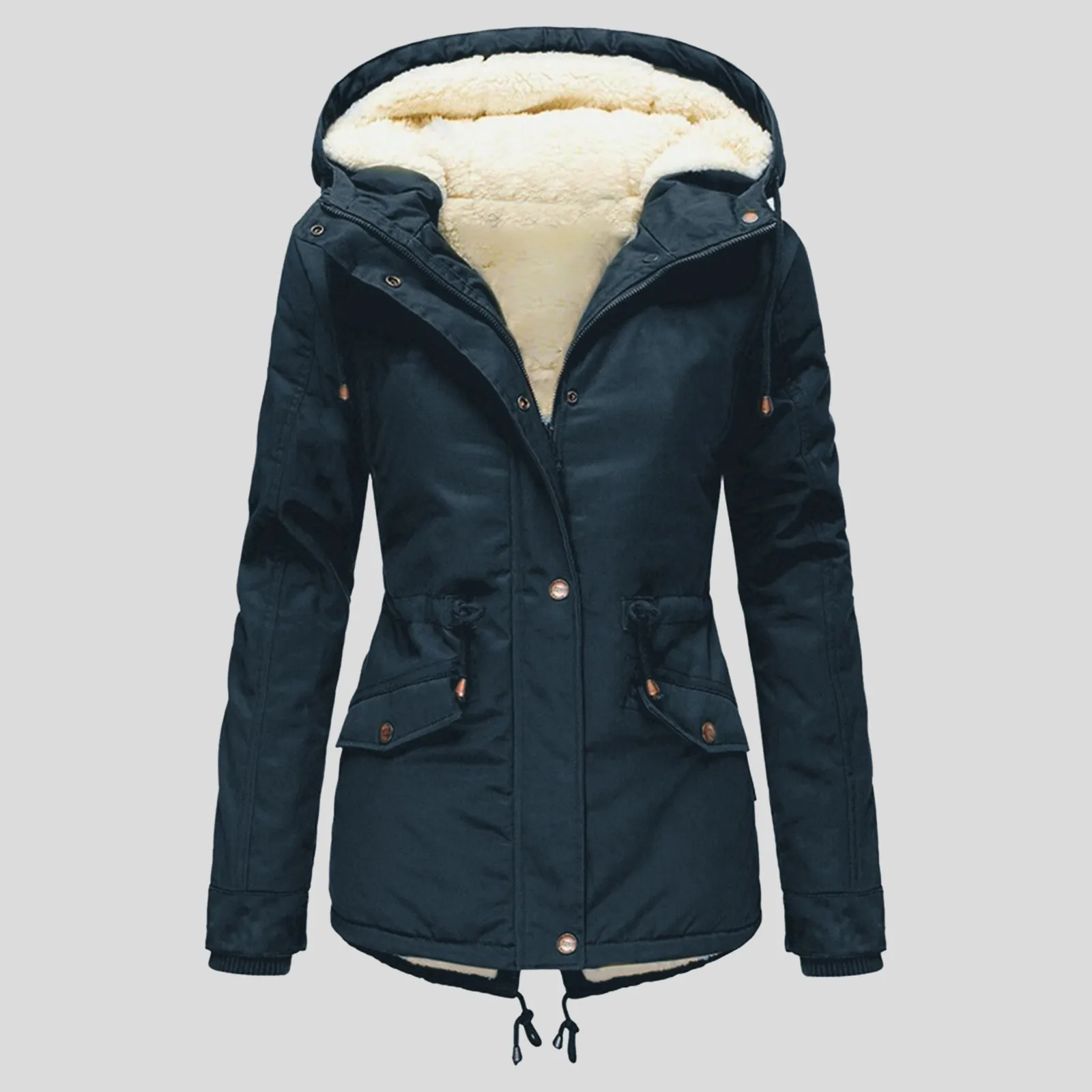 Women Winter Warm Zipper Jacket Solid Color Simple Casual Faux Wool Hooded Parkas Female Outdor Windbreak Overcoats With Pockets