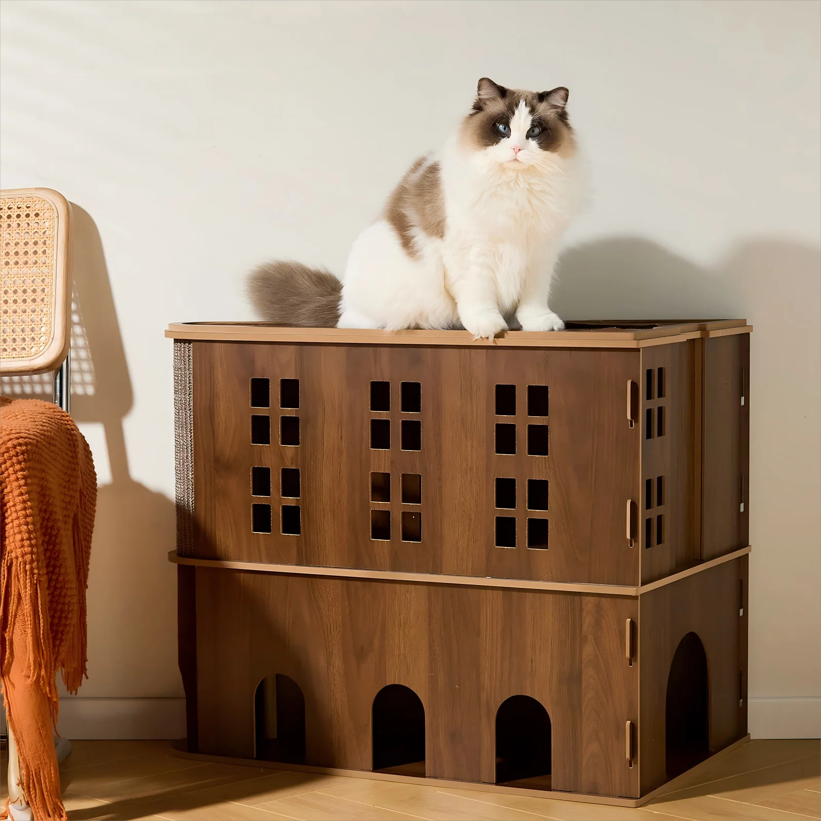 

Wholesale Natural Wooden Cat House & Scratcher Combo - Detachable Cat Bed with Jute Scratcher Board