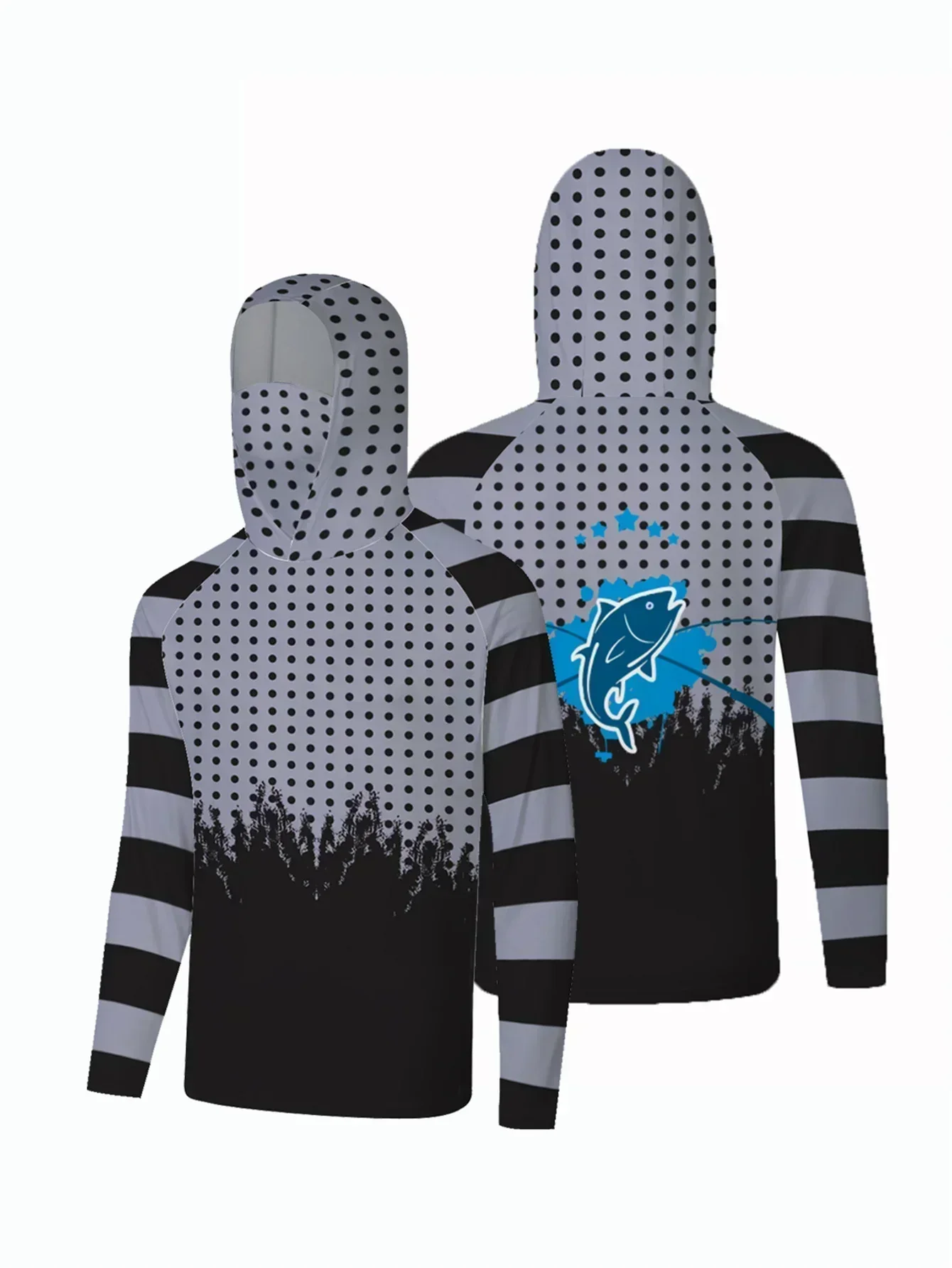 Blue Fish Scale Tuna Graphic Herren-Angelhemd mit Kapuze, integrierte Gesichtsbedeckung, UPF50+, Sonnenschutz, schnell trocknende Langarm-Oberteile – Detail 8