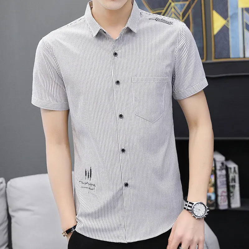 High Quality Man Stripe Short Sleeve All-match Shirt Single Patch Pocket Streak Design Casual Standard-fit Button-down Shirts