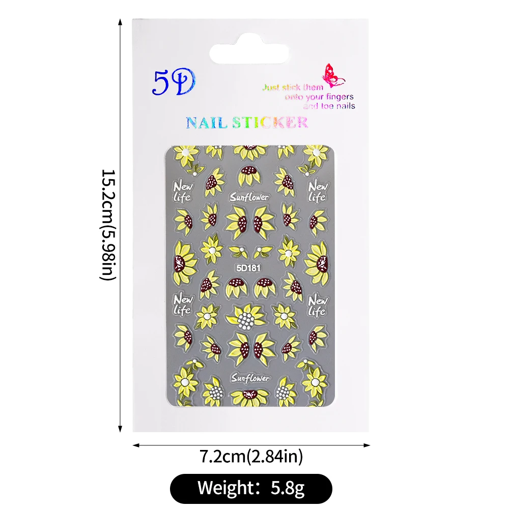 5D Sunflower Nail Stickers Blossom Flowers Oil Painting Nail Art Adhesive Sliders Decals Foils Sliders Decorations for Manicure