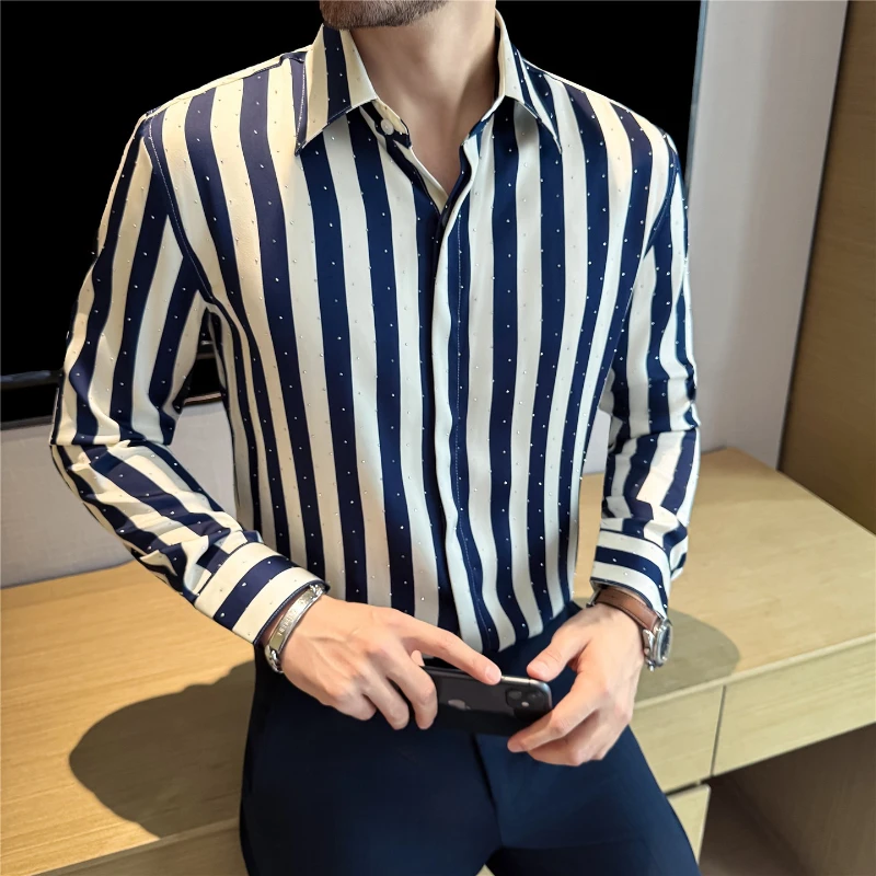 Fashion Hot Diamond Long-sleeved Men Shirt Trendy Street Slim Fit Striped Print Men's Shirts Prom Club Handsome Mens Clothing