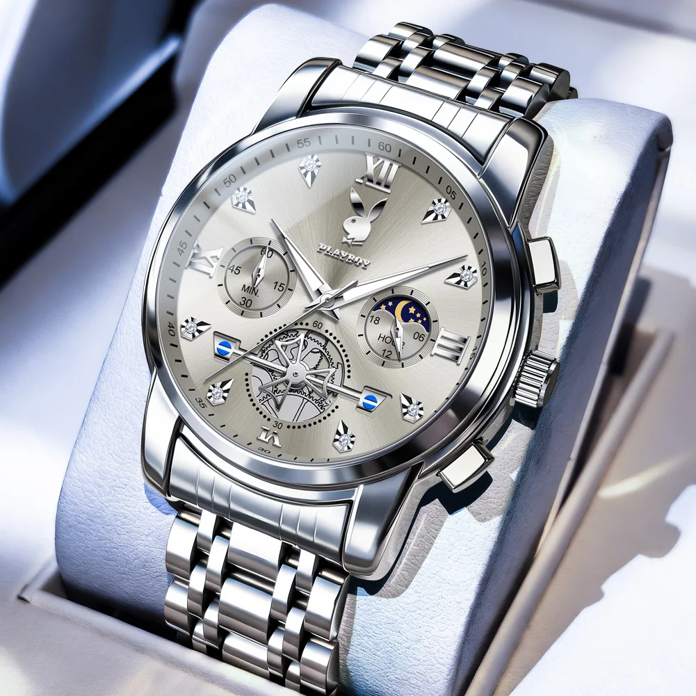 

Часы PLAYBOY, мужские кварцевые наручные часы, роскошные деловые часы из нержавеющей стали, водонепроницаемые, светящиеся, с фазами Луны, для мужчин, 3139