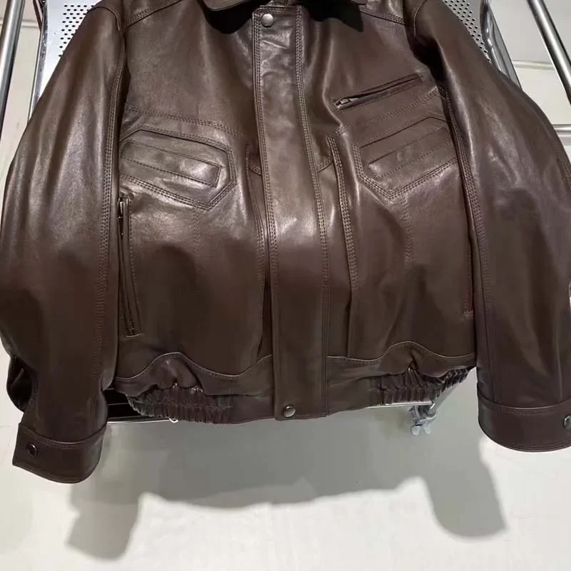 Veste de luxe en cuir véritable à manches longues pour femmes, manteau de haute qualité, poche, fermeture éclair, style décontracté, printemps, automne, nouveauté, 2025