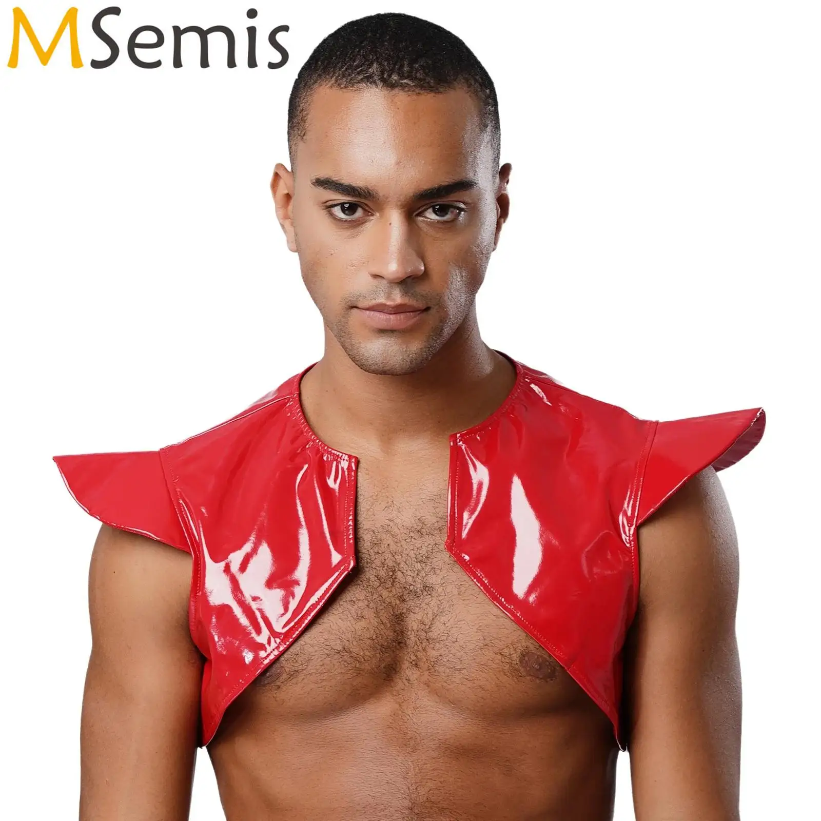 

Мужской лакированный кожаный топ с короткими рукавами, латексный топ с асимметричным подолом, доспехи на плечо для ночного клуба, жилет на тему Хэллоуина, костюм для вечеринки