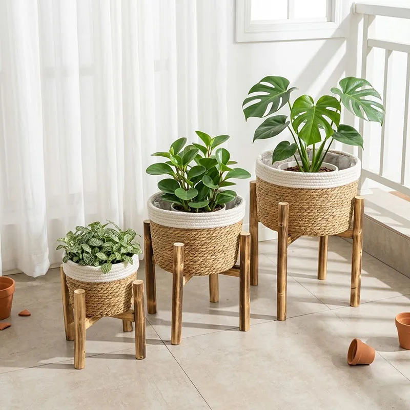 Grass Woven Flower Pot With Wooden Flower Pot Rack Holder Planter Pot Living Room Balcony Home Decor Storage Basket Ornaments