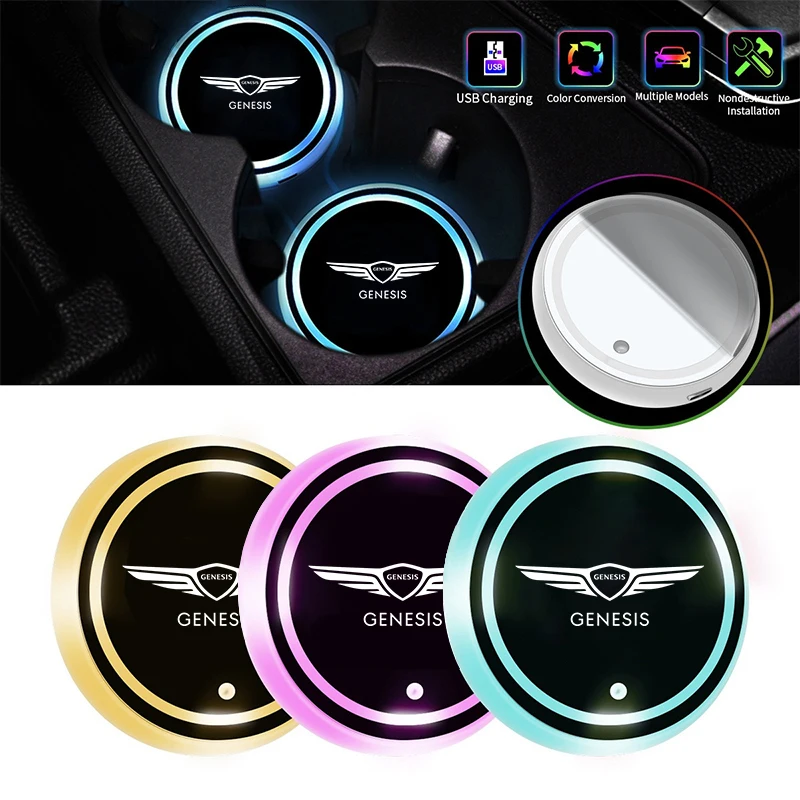 LED Holder Lights USB Rechargeable Cup Mat 7 Color-Changing Luminous Coasters For Genesis EQ900 G70 G80 G90 GV60 GV70 GV80 GV90