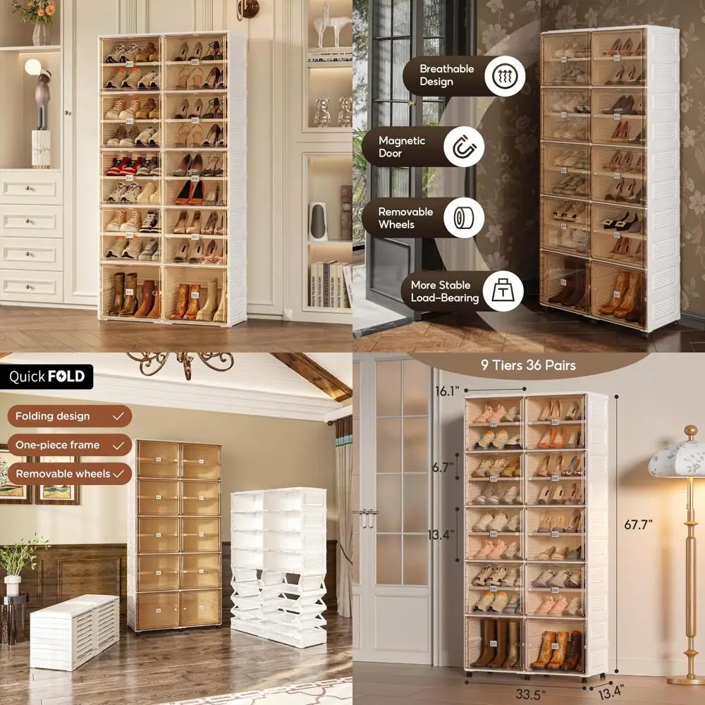 

Wheeled Foldable Shoe Storage Cabinet with Magnetic Door for Closet and Entryway