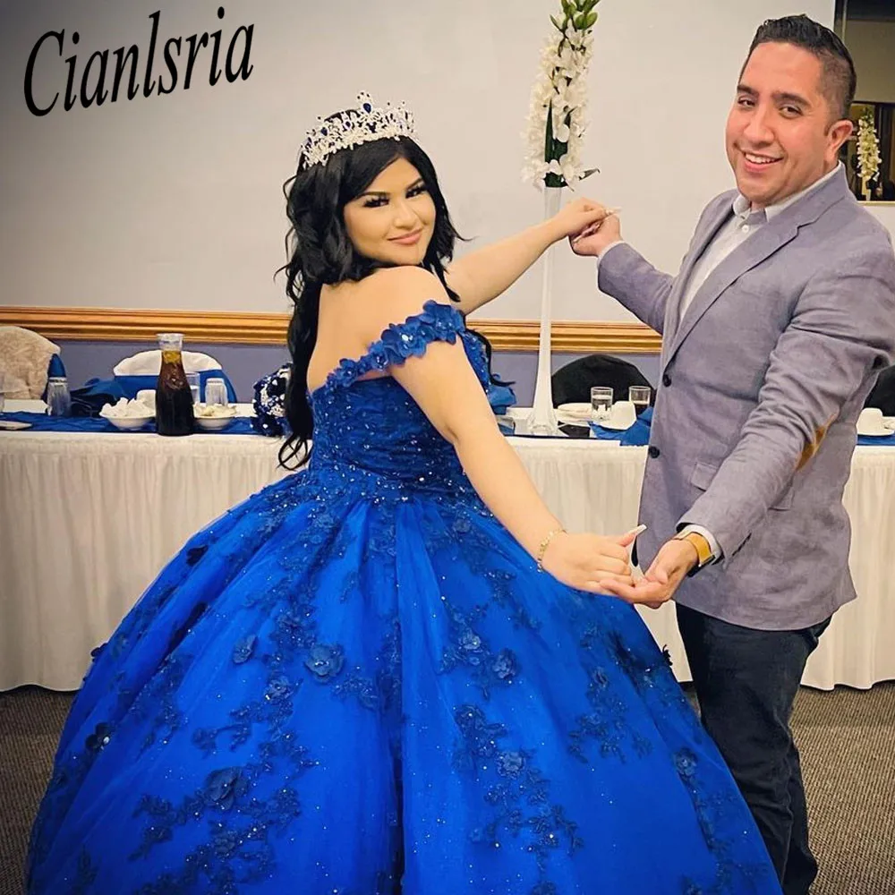 ロイヤルブルー Quinceanera ドレス チュール レース アップリケ エレガント プロムドレス Brithday パーティー ドレス ビーズ Vestidos
