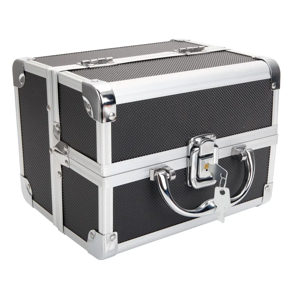 

SM-2176 Aluminum Makeup Train Case Jewelry Box Cosmetic Organizer with Mirror 9"x6"x6" Black