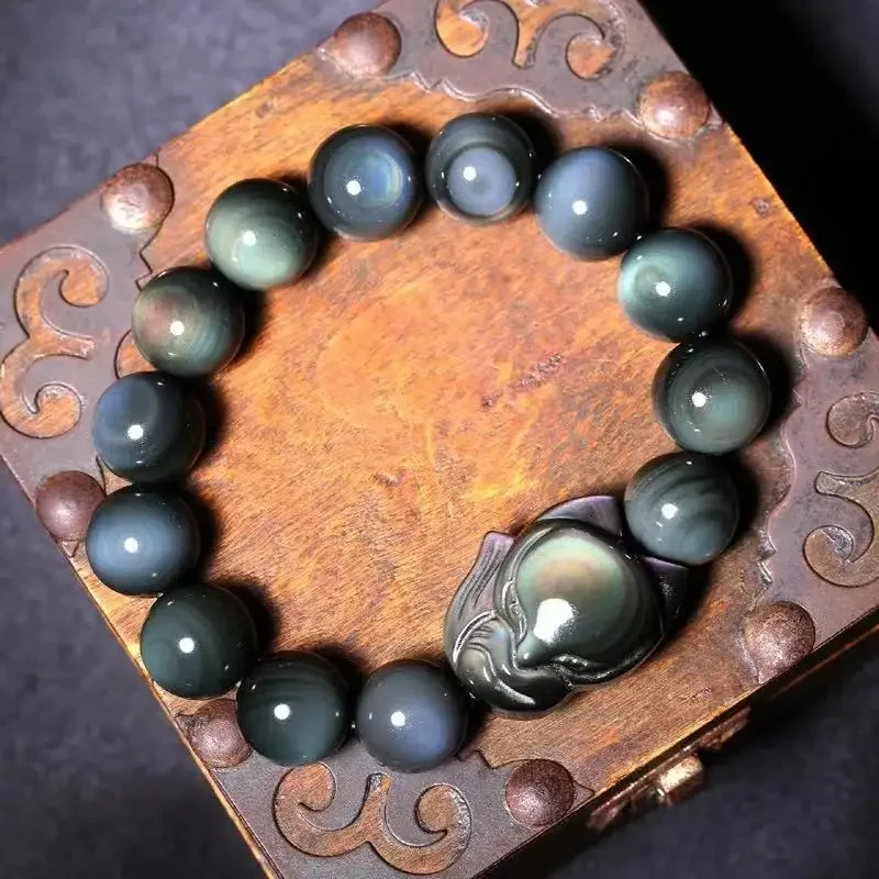 Natural Obsidian Rainbow Charms Bracelet Carved Big Head Small Fox Fairy Beaded Bangle Lucky For Women Men Crystal Jewelry Gifts