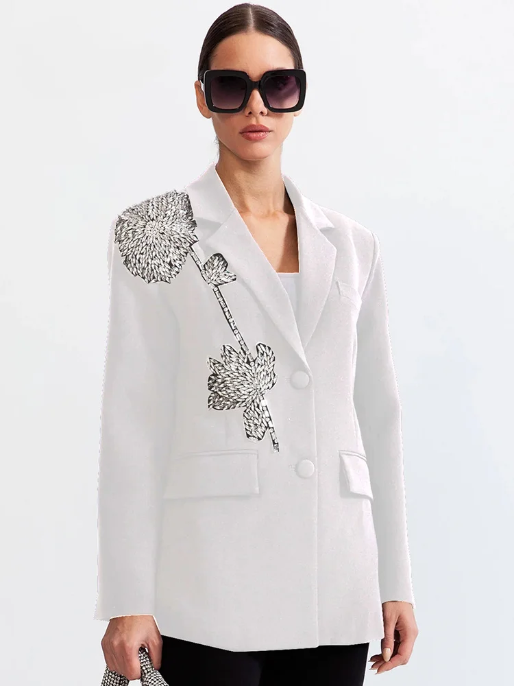 

Summer New Fashion Elegant White Nail Beads 3D Flower Loose Slim Suit Coat Women's High Quality