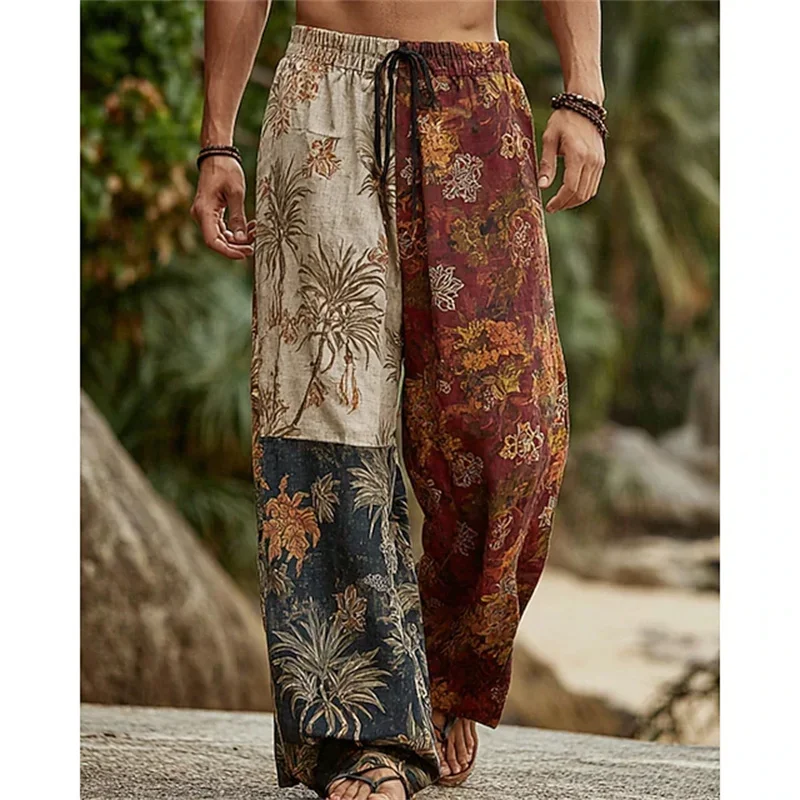 Herrenhose in Rotbraun mit Tribal- und Geometrischem Patchwork, Locker Geschnitten, Weites Bein, Lässige Sommerhose für Strand und Alltag mit Kordelzug und Seitentaschen – Detail 6