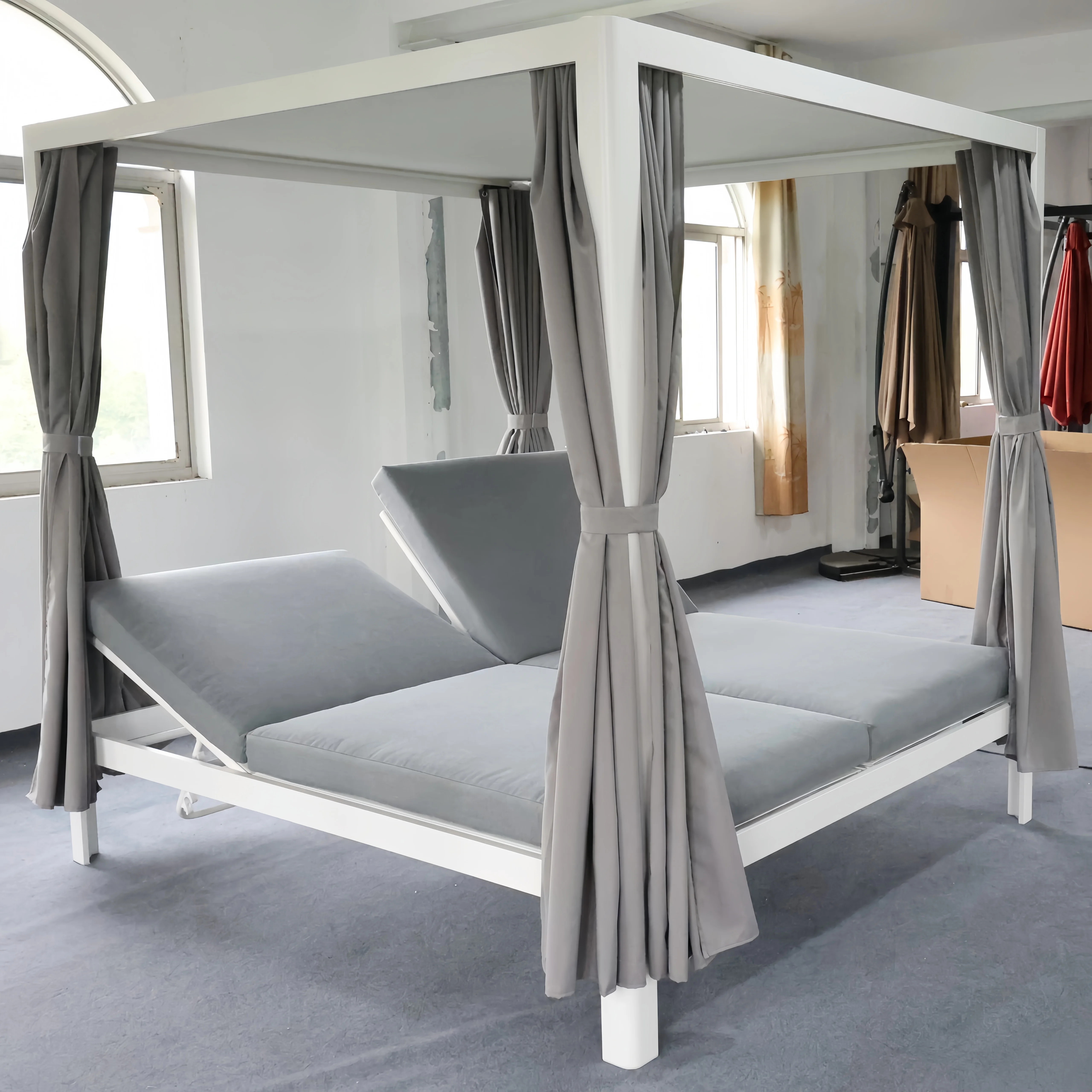 Outdoor Aluminum Patio Double Chaise Lounge Retractable Canopy Daybed Grey Cushion Beige Outdoor Curtain for Gardenpromote sales view 5