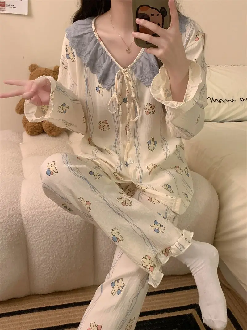 

Korean Style Sweet Lace Trim Sleepwear Women's Spring Autumn Long Sleeve Belted Open Cardigan Home Clothes Set Can Be Worn ou...