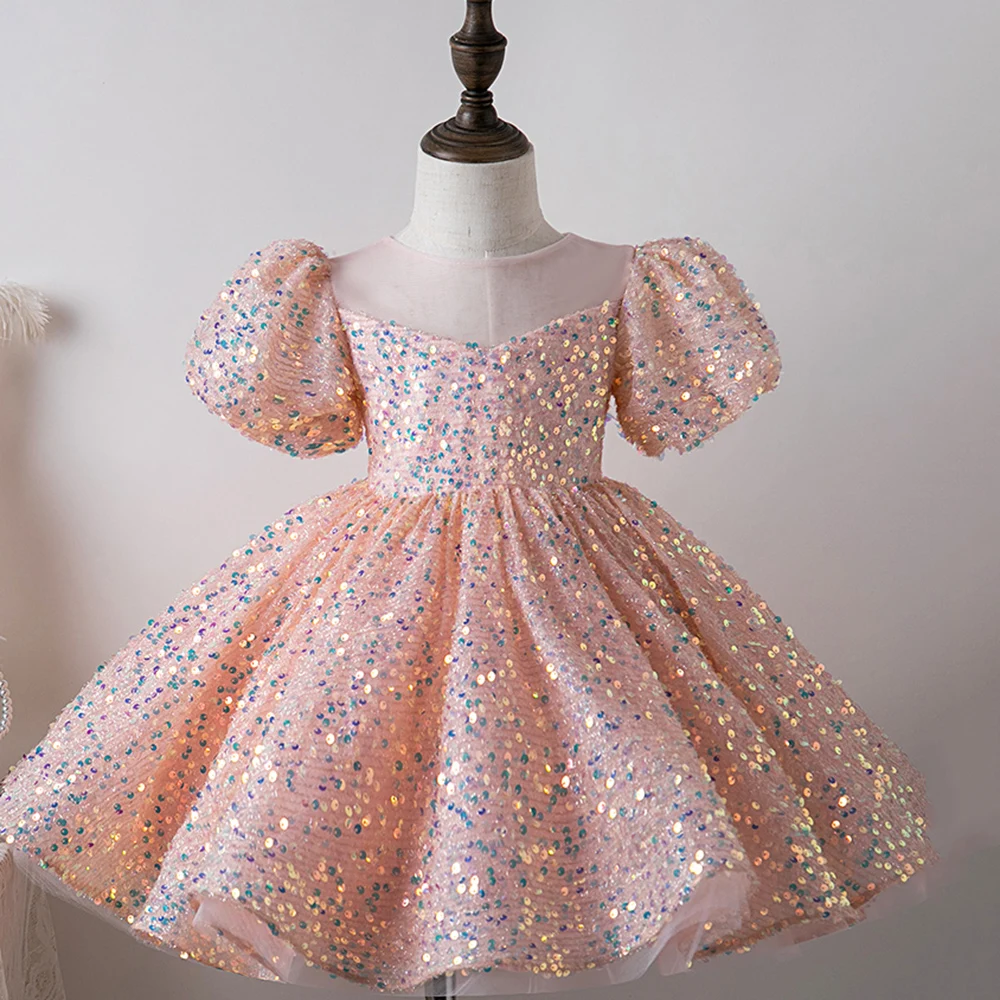 Vestidos de flores rosas brillantes para niñas, cuello redondo, manga corta, vestidos de baile, línea A, Vestido corto para niños, fiesta de cumpleaños