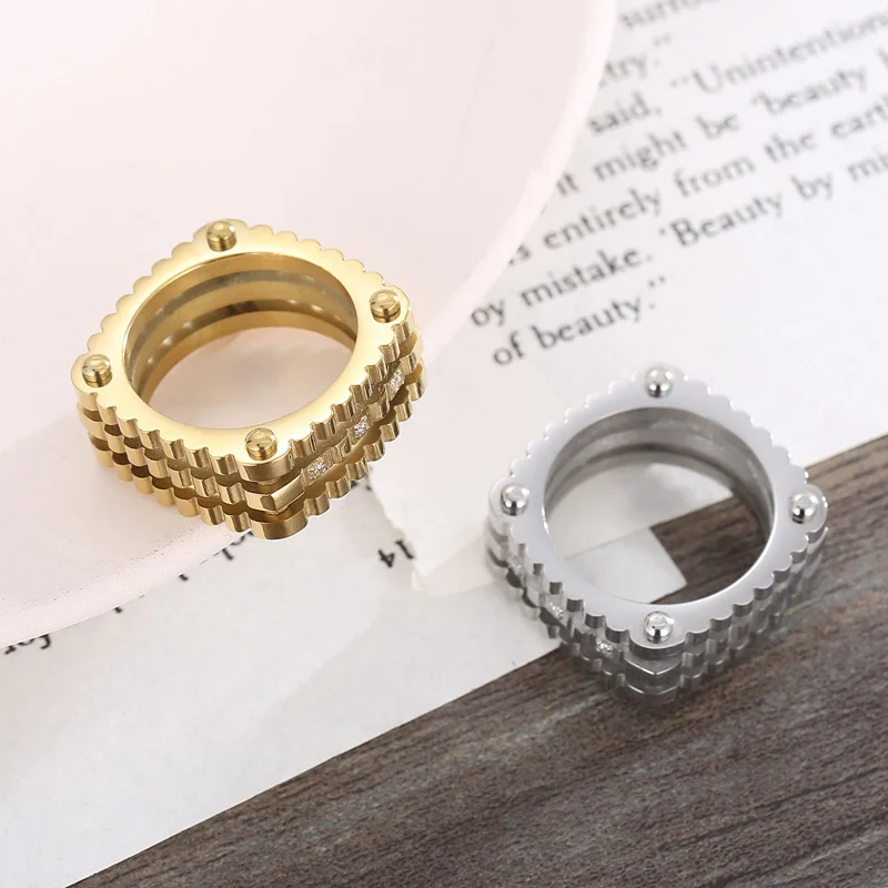 New Stainless Steel Ring For Men Women Mutiple Layers Rhinestone Square Wedding Bands Gold Silver Color Rings Jewelry Gifts