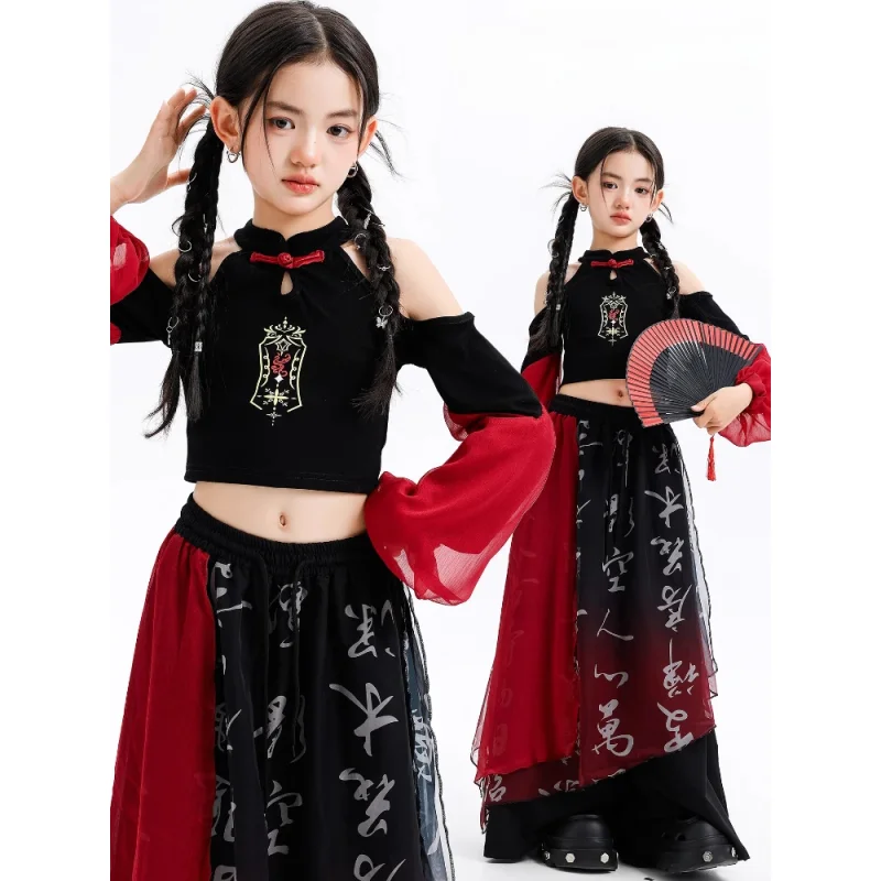 

Girls Chinese Style Hip Hop Clothing Long Sleeve Crop Top Casual Wide Leg Pants Cool Jazz Dance Costume Group Stage Show Clothes