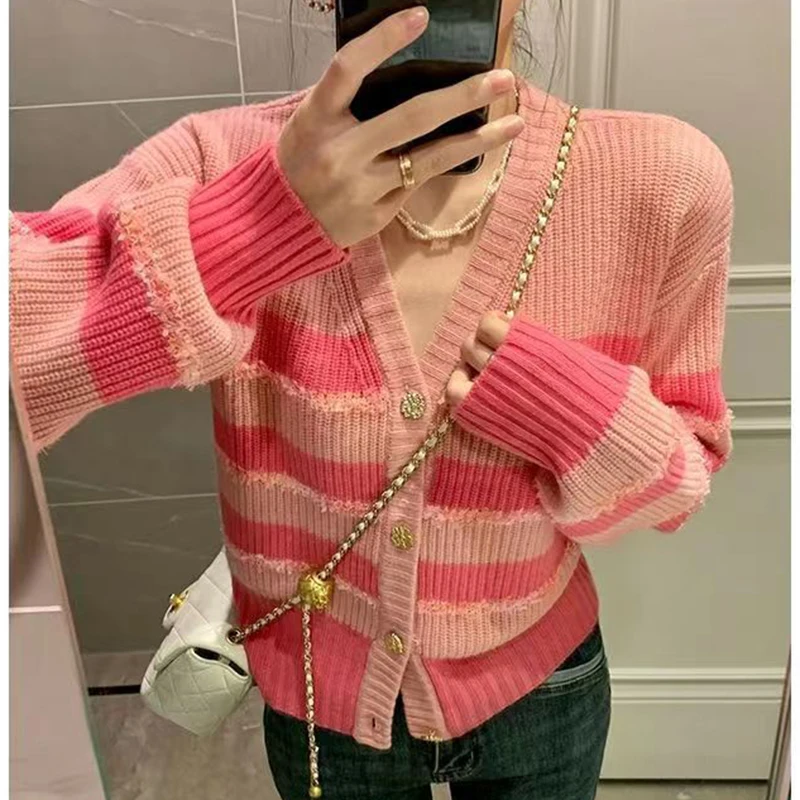 Small Fragrant Stripe Knitted Cardigan Coat 2023 Autumn Winter New V-Neck Single Breasted Coat Women's Fashion Gentle Style Coat