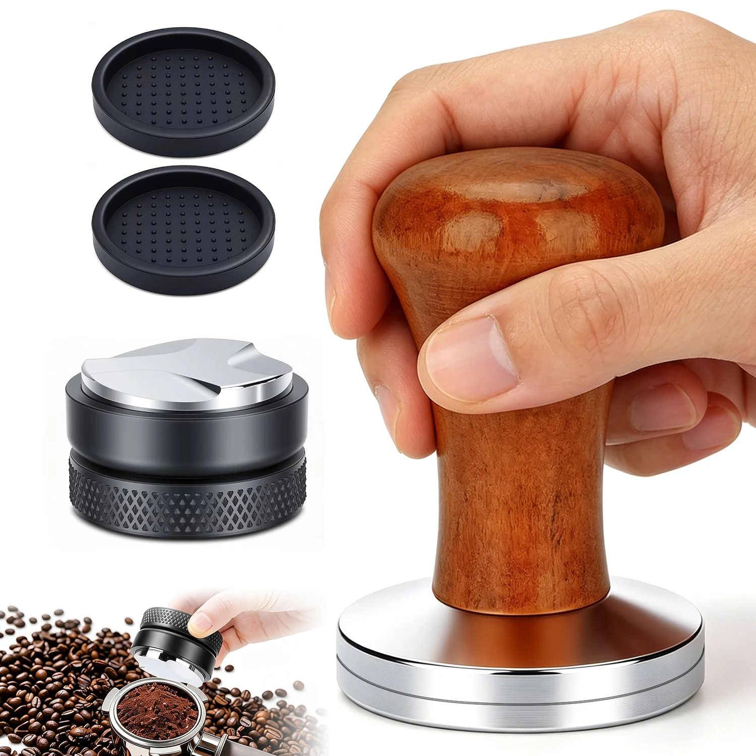 Zestaw do ubijania kawy 51 mm, ze stali nierdzewnej 304, dystrybutor do espresso, silikonowa mata, narzędzia do ubijania kawy, akcesoria do ekspresu do kawy dla domowego baristy.