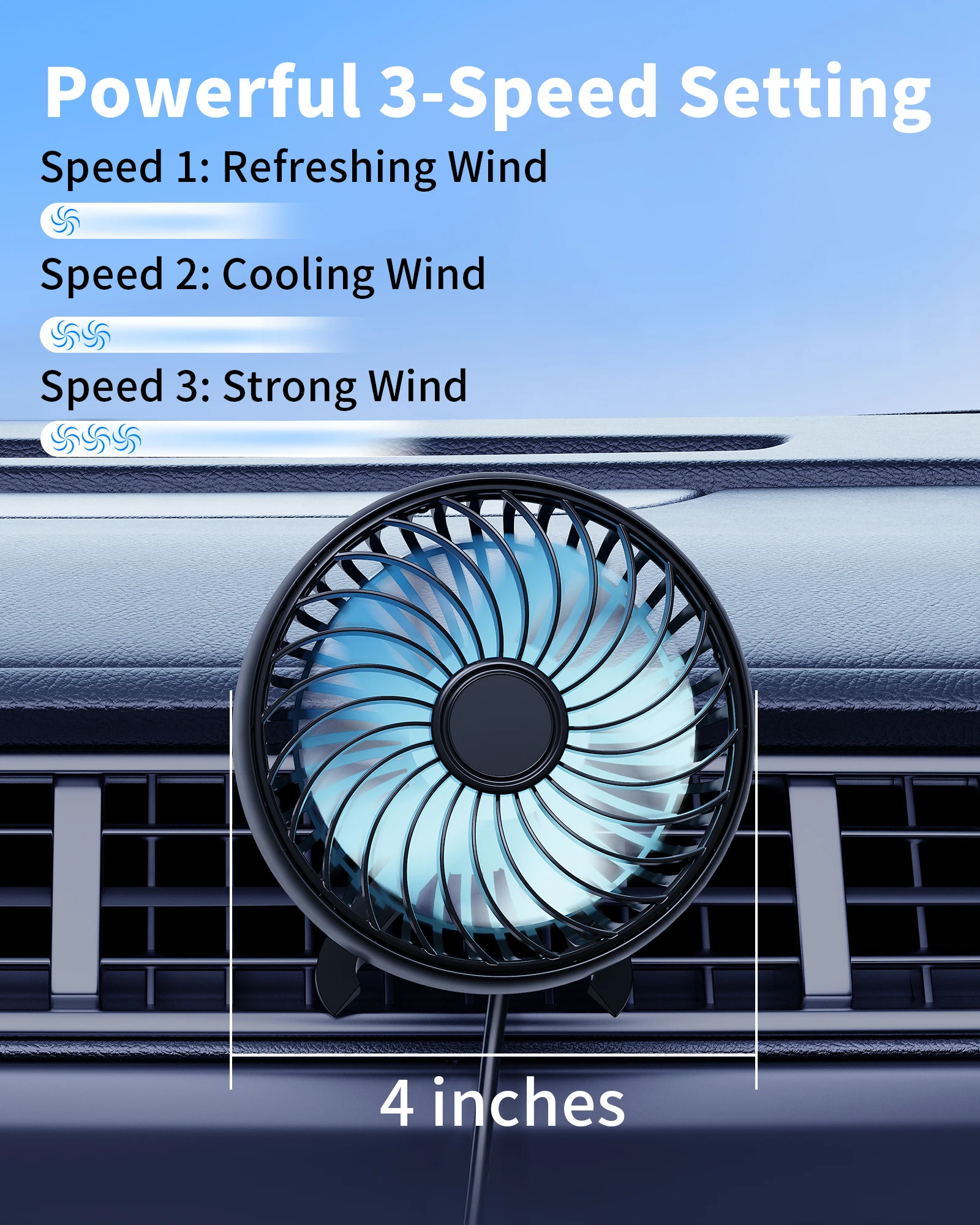 Eary Car Fan USB Powered 3 Speed Wind Portable Cooling Clip Fan for Car Air Vent With Light 360°Rotatable Fan for Vehicle SUV RV