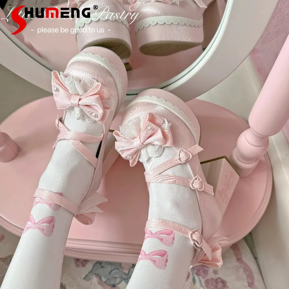 

Japanese Sweet Cute Princess Kawaii Lolita Mary Jane Shoes Lace Beads Bow Embroidery Elegant Versatile Women's High Heels Pumps