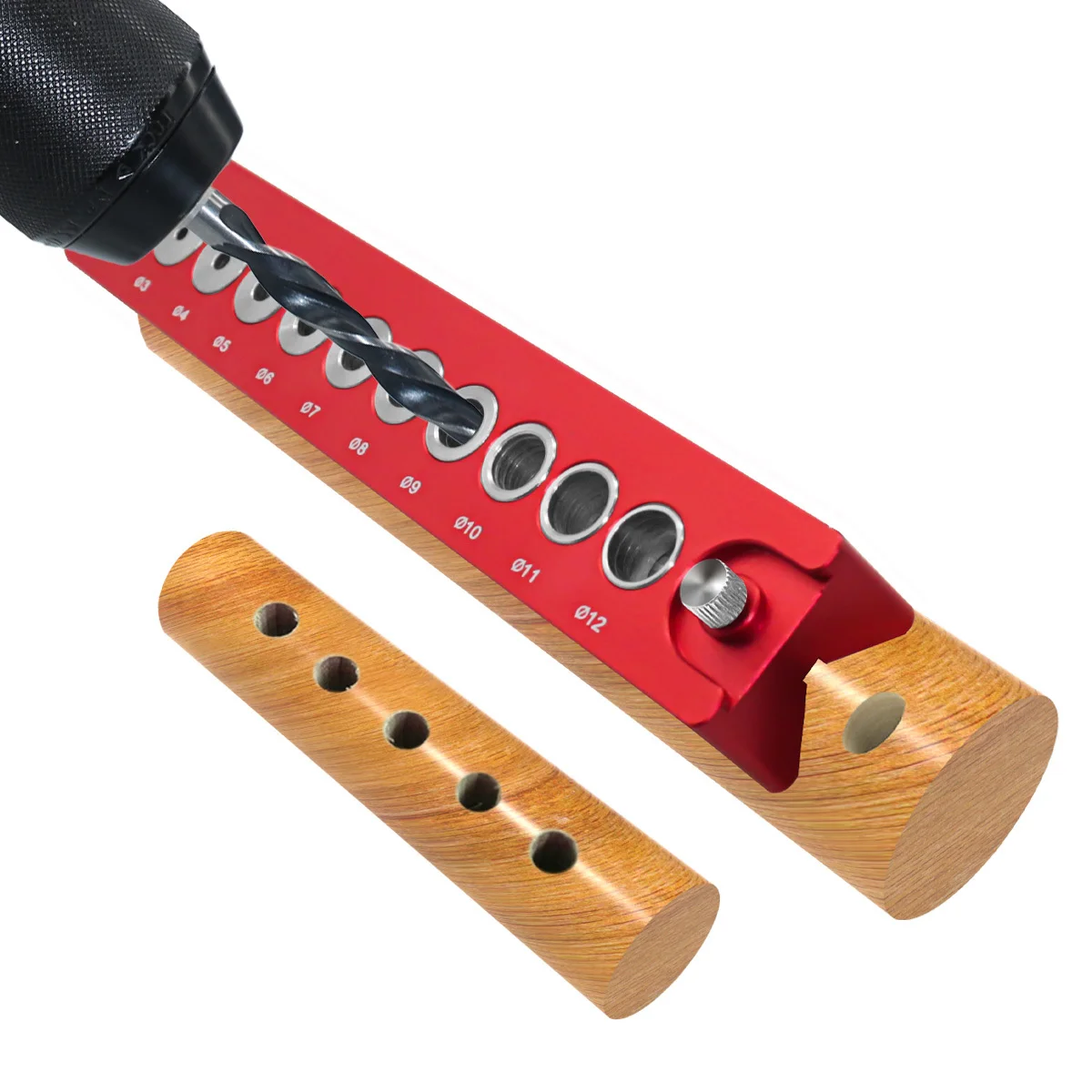 Jig Dowel Self Centering dari Paduan Aluminium dengan Batang Penentu Posisi, untuk Pengeboran Sudut Datar Bulat pada Proyek Railing Kabel & Pertukangan Kayu