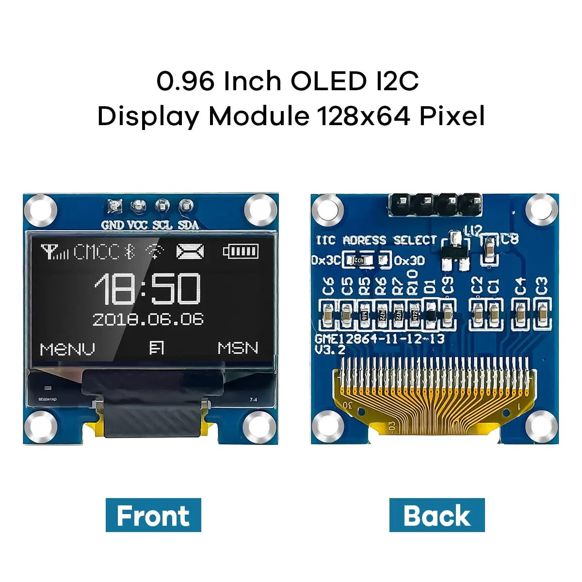 0.96 Inch OLED I2C IIC Display Module 12864 128x64 Pixel SSD1306 Mini Self-Luminous OLED Screen Board for Arduino Raspber