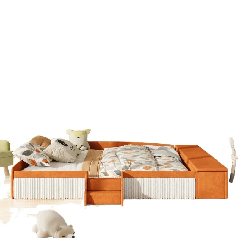 Modern minimalist queen floor bed with staircase storage soft bag guardrail flannel low bed