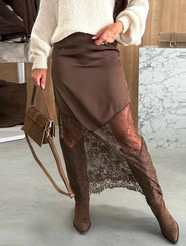 

Модная кружевная лоскутная длинная юбка, женская однотонная элегантная юбка средней длины с завязкой на талии, весенняя женская вечерние повседневная уличная одежда