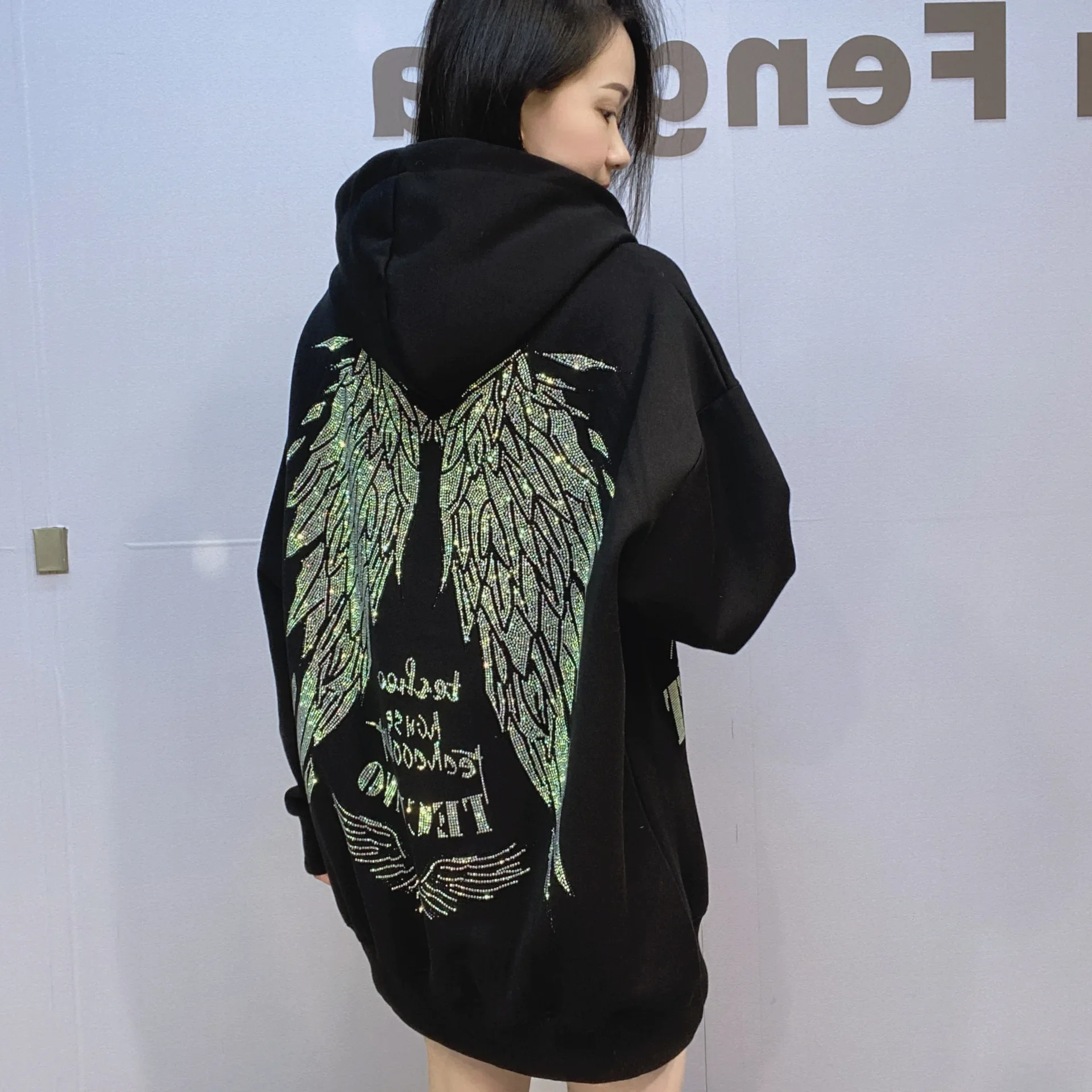 Domineering Wings Hot Drilling Sweatshirt 2025 New Spring Men/women Hooded Pullover Top Streetwear Mid-long Black Loose Hoodies