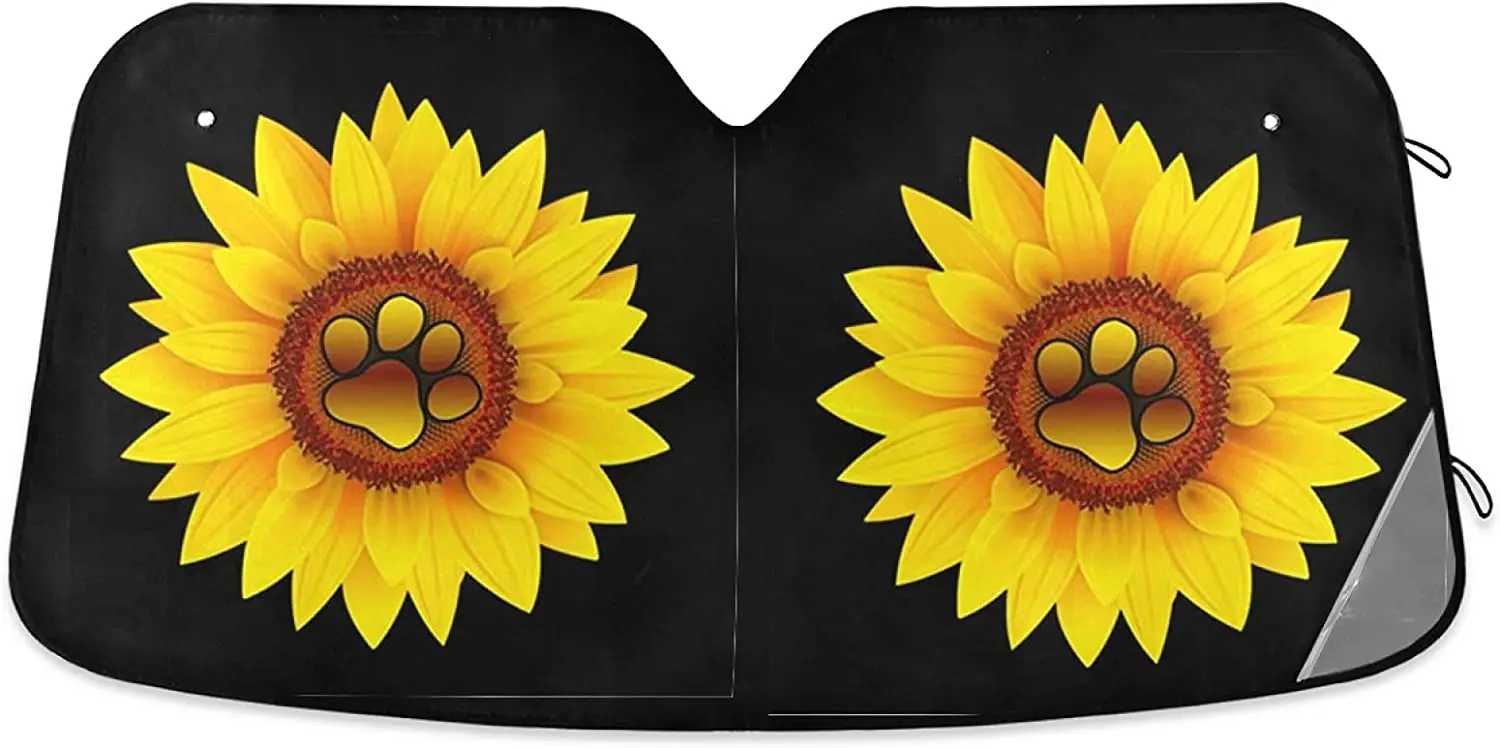 Boccsty Dog Paw Sunflower Car Windshield Sunshade Yellow Floral Front Truck Window Sun Shade Foldable Sun Shield Cover Blocks UV