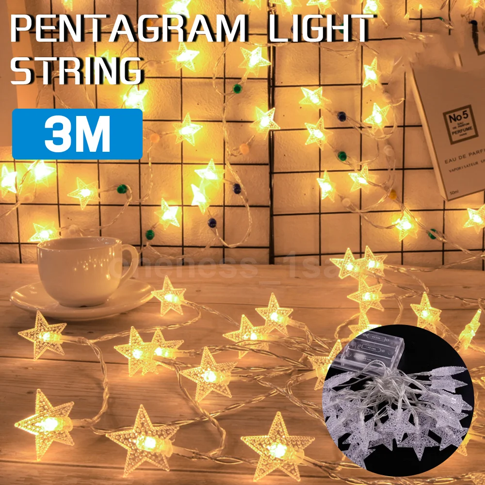 Luzes LED String com Pentagram Light Strip, Decoração de Natal, Festa de Casamento, Feriado Atmosfera, 3m