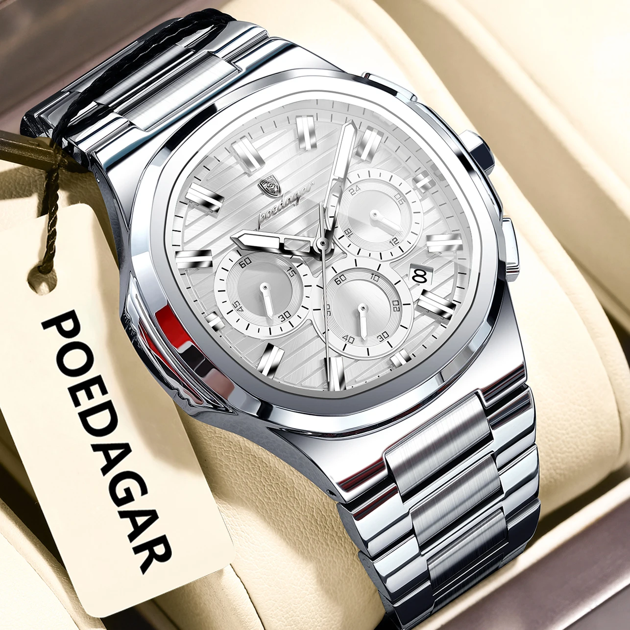 POEDAGAR Business Man Wristwatch Date Chronograph Waterproof Luminous Luxury Men Watch Stainless Steel Quartz Men's Watches Male 10