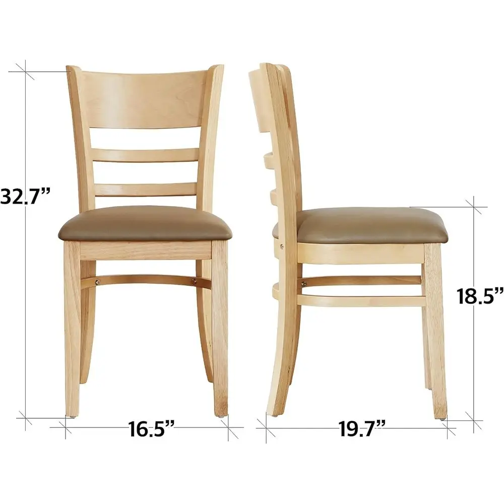 Par de cadeiras de jantar em carvalho malaio sólido com assentos acolchoados em couro PU e degraus de escada de madeira em acabamento em carvalho natural, montagem